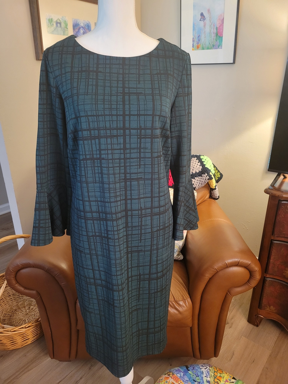 Liz Claiborne Teal and Black Plaid Midi Dress with Fluted Sleeves